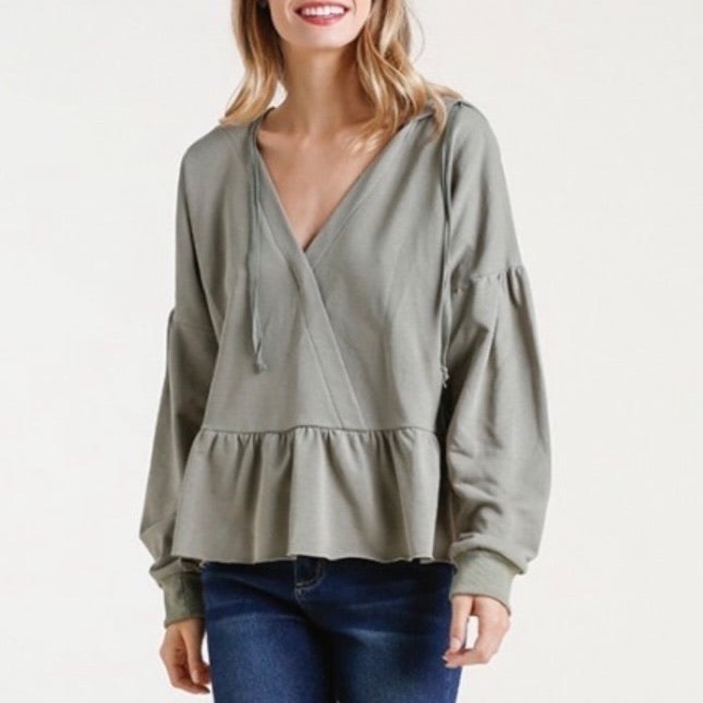 Umgee USA‎ Womens Wrap Style Peplum Hoodie Sweatshirt Olive Green Size Medium